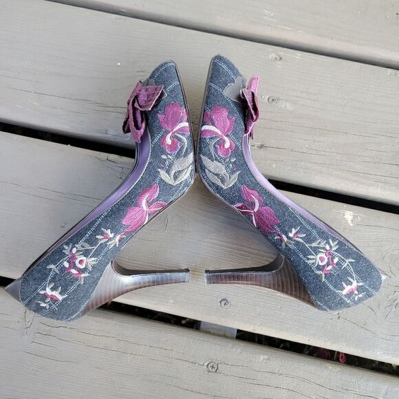 Vintage 90s y2k Floral Embroidered Pinstripe Bow Stiletto Lolita Girlie Heels - Picture 2 of 8